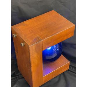 Lampe XXème brutaliste bois & verre bleu cubisme forme géométrique