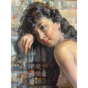 Painting By Giacinto Bertonazzi (1916–1982): Curiosa, Female Nude, Portrait Of A Woman