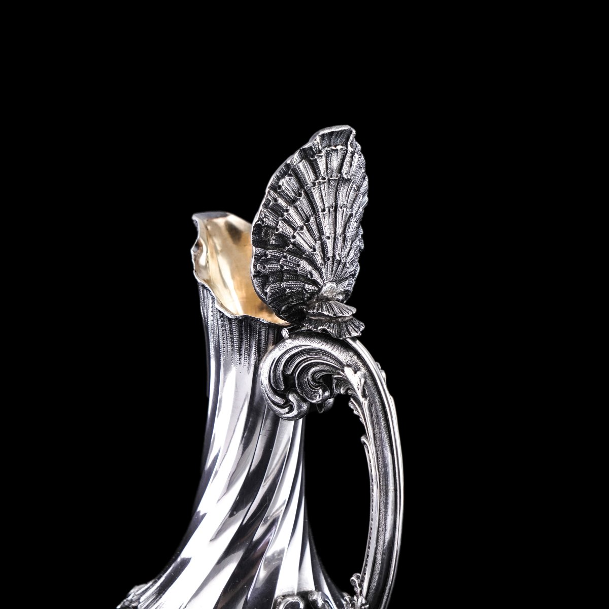 Aiguière française en argent massif, montée sur verre, décor rocaille —Lancon, Paris, vers 1880-photo-2