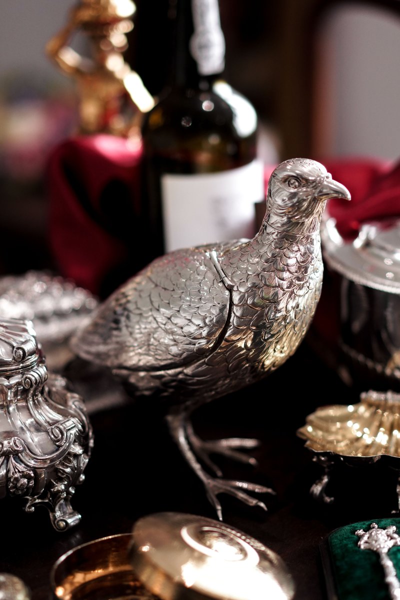 Grande boîte ancienne en argent massif en forme de perdrix/lagopède —  édouardienne, 1910-photo-2