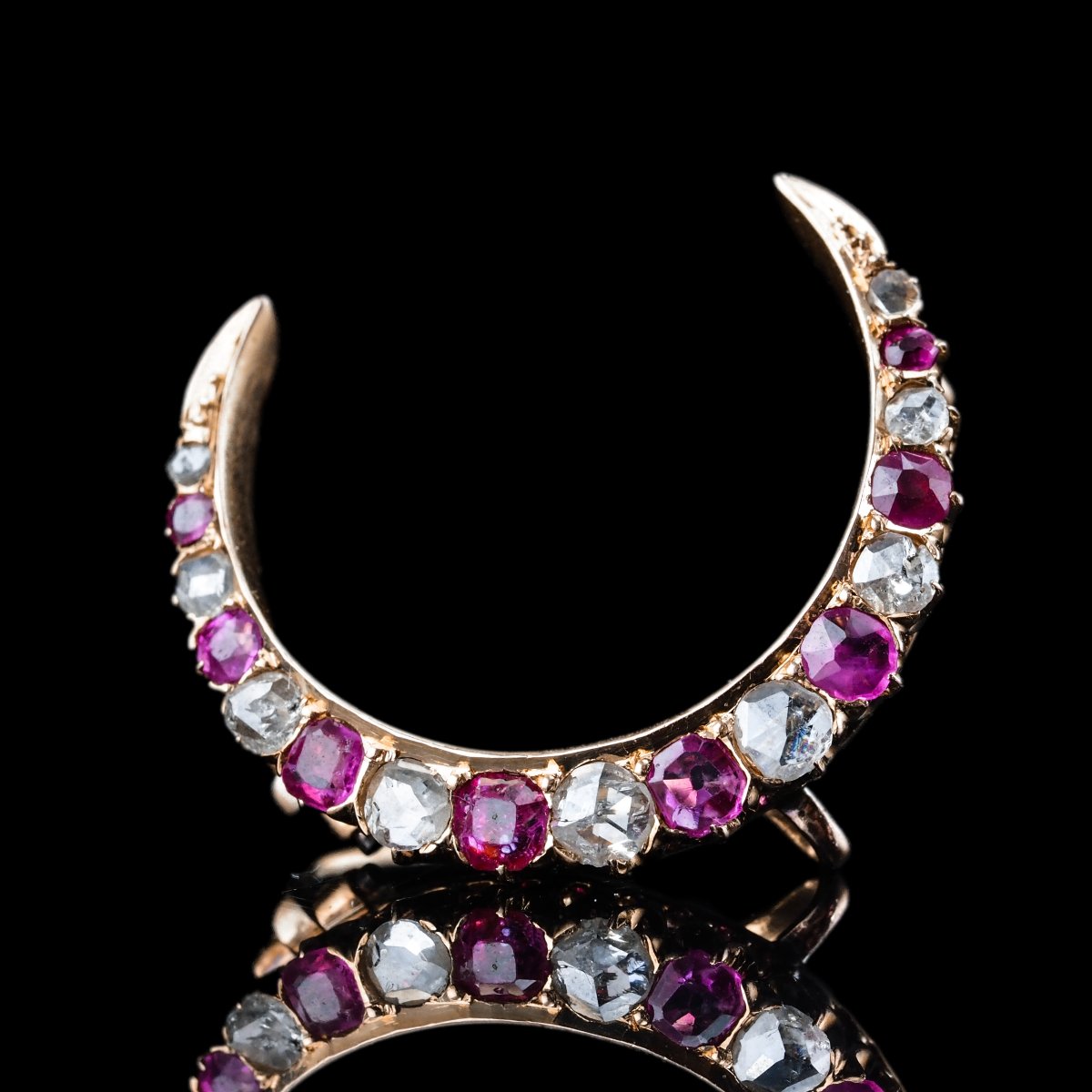 Antique Victorian Ruby & Diamond Crescent Brooch 18k Gold - C.1880-photo-2