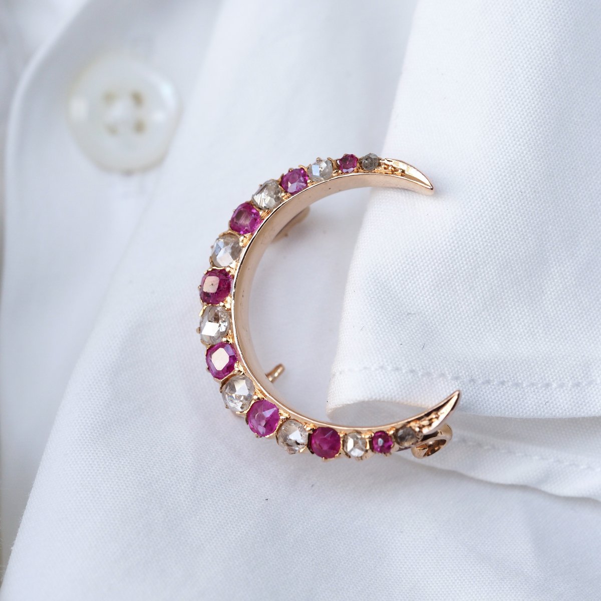 Antique Victorian Ruby & Diamond Crescent Brooch 18k Gold - C.1880-photo-6