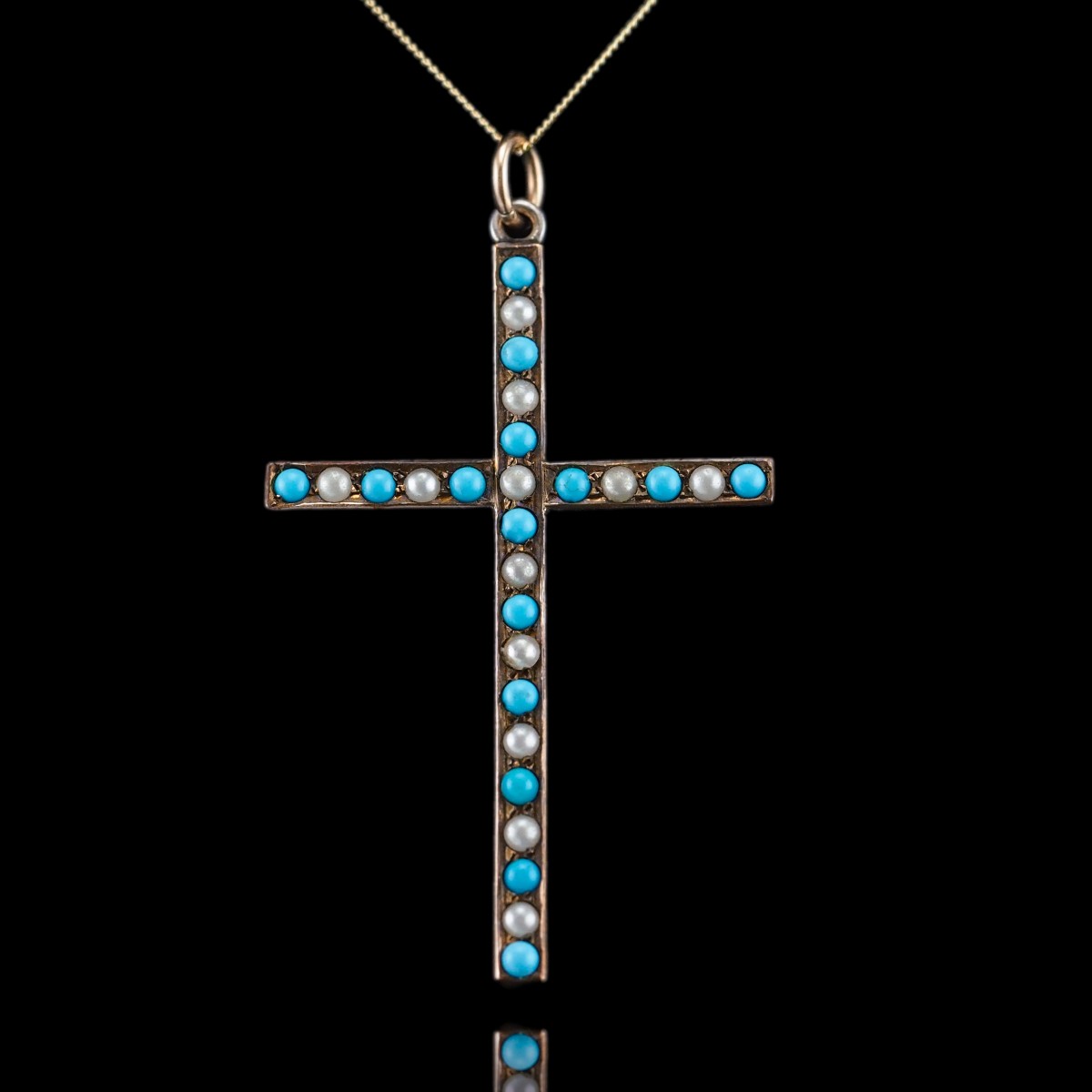 Collier ancien victorien pendentif croix en or 9K, orné de turquoise et de perles vers 1890