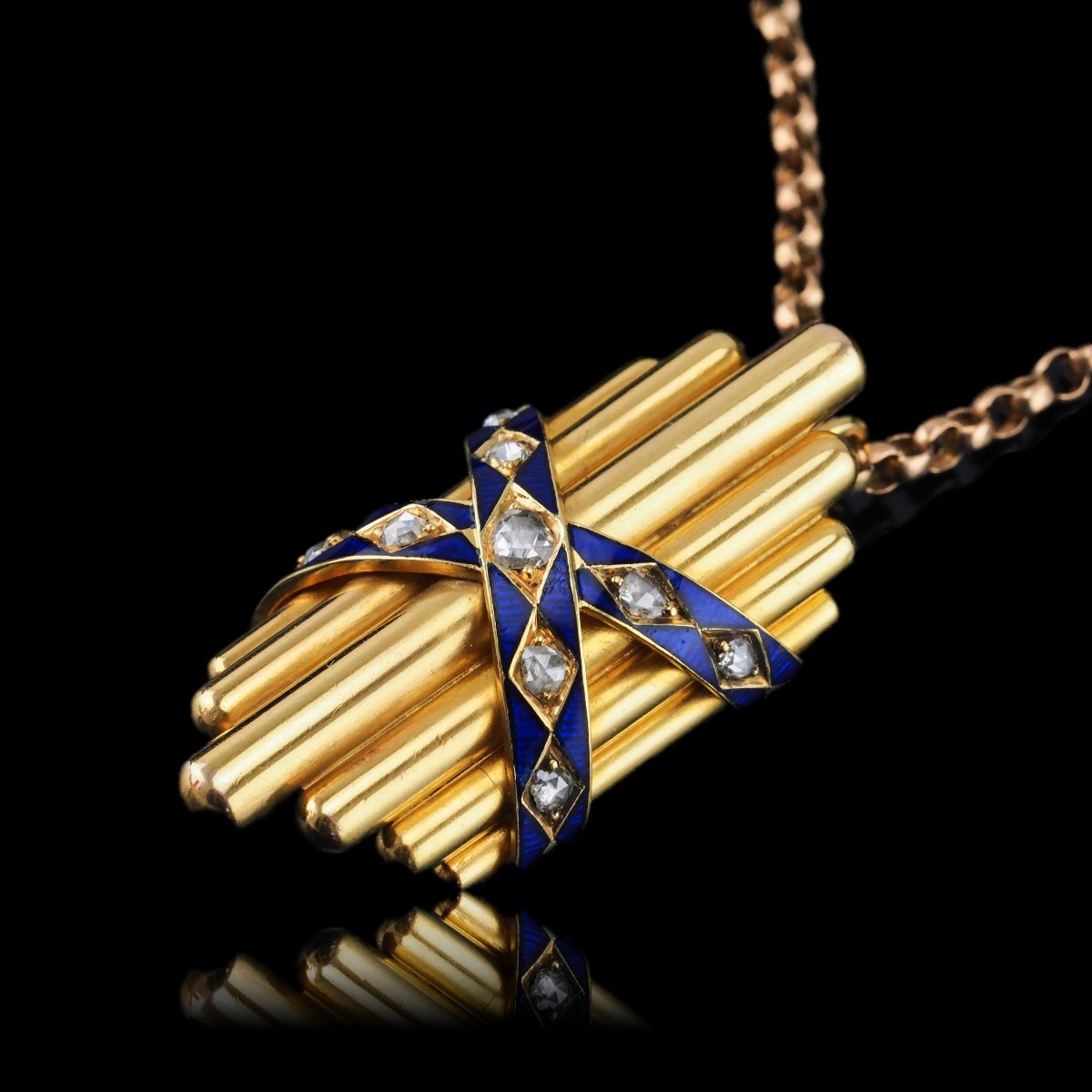 Pendentif ancien victorien en or 18K , serti d’un diamant taille rose et d’émail bleu – 1880-photo-2