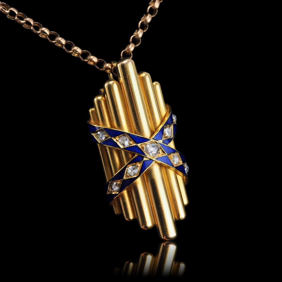 Pendentif ancien victorien en or 18K , serti d’un diamant taille rose et d’émail bleu – 1880-photo-3