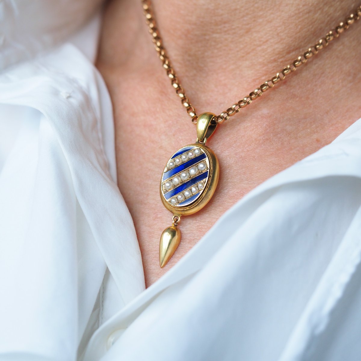 Antique Victorian 15k Gold Blue Enamel & Pearl Pendant Locket Necklace - C.1880-photo-2