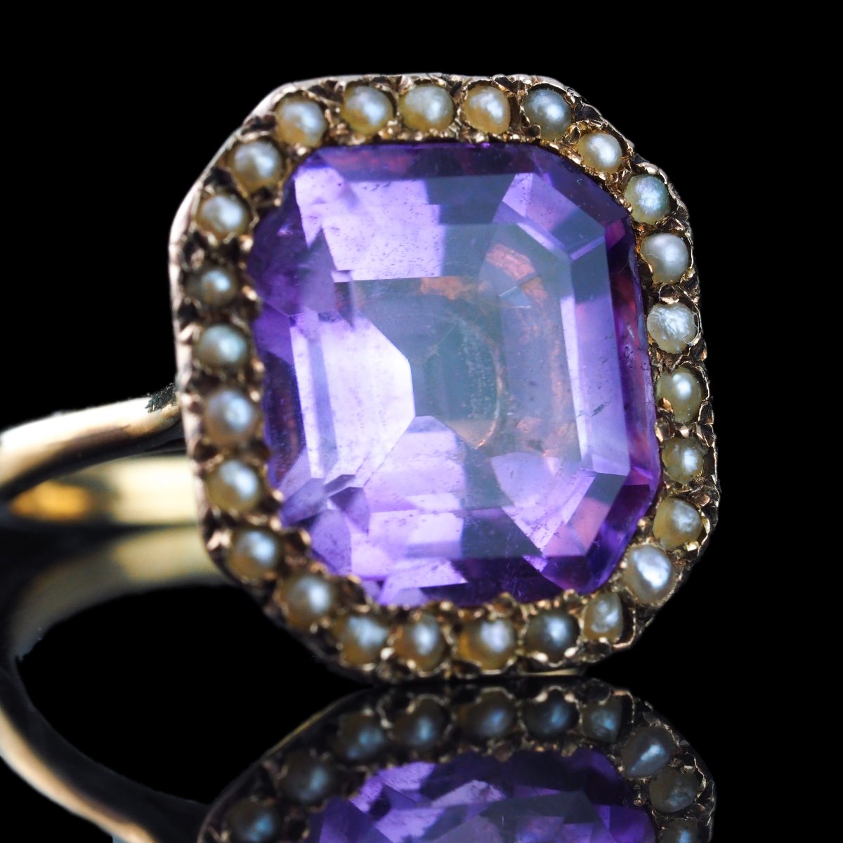 Bague édouardienne en or 18K, ornée d’une améthyste taille émeraude et de perles – vers 1900-photo-6