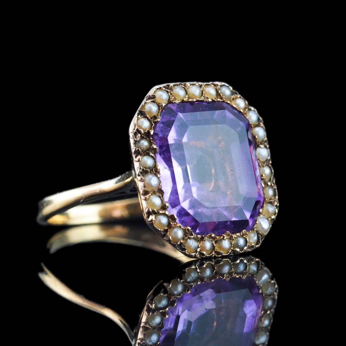 Bague édouardienne en or 18K, ornée d’une améthyste taille émeraude et de perles – vers 1900-photo-7