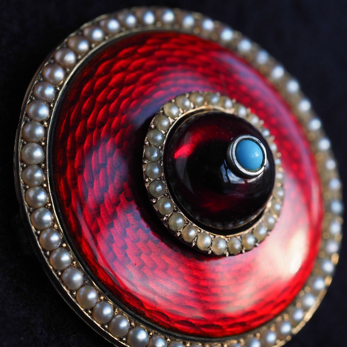 Antique Red Enamel Guilloche Brooch/pendant Garnet, Pearls 14k Gold C.1870-photo-4