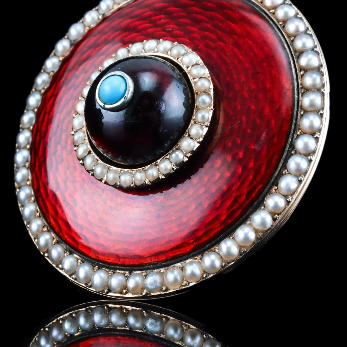 Antique Red Enamel Guilloche Brooch/pendant Garnet, Pearls 14k Gold C.1870-photo-8