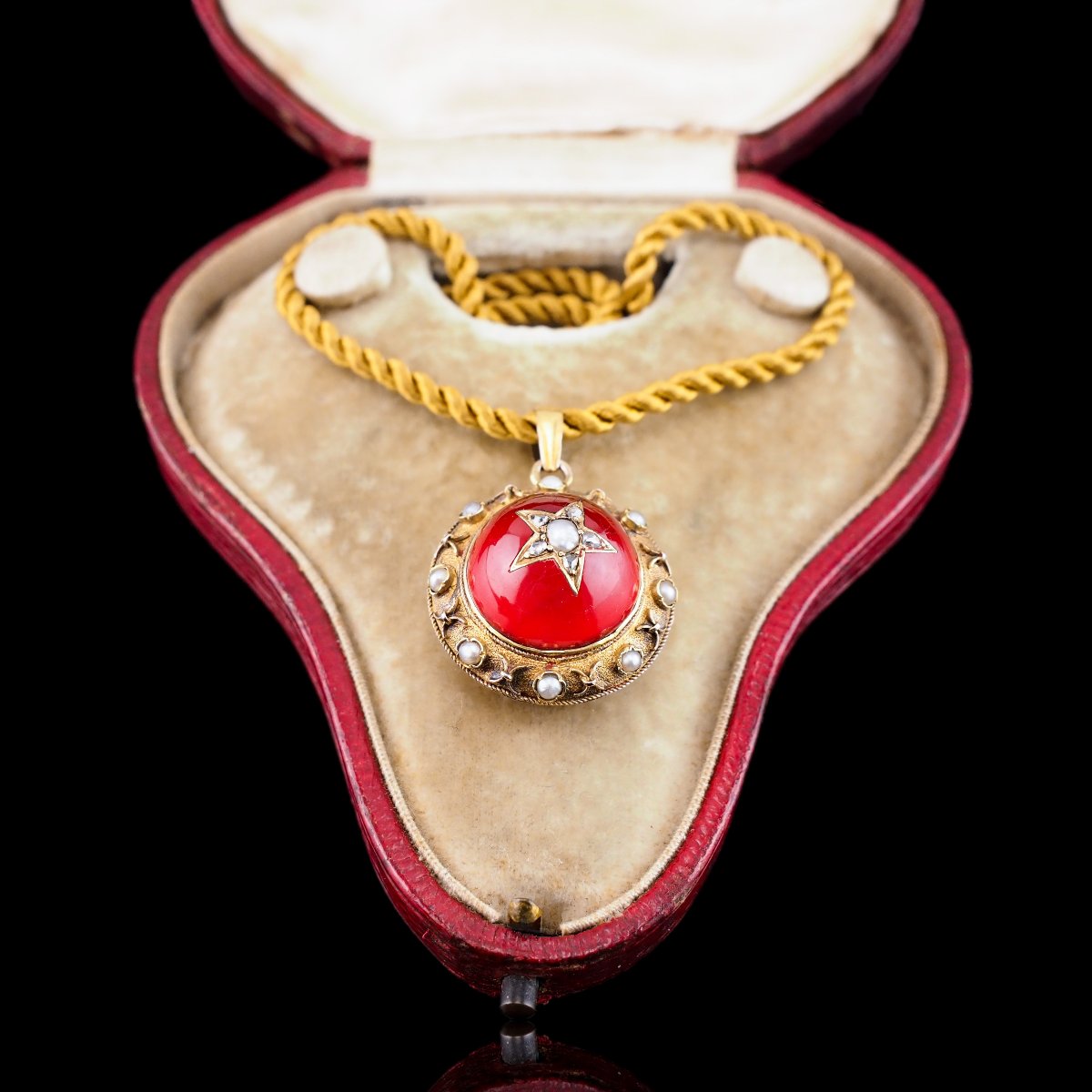 Antique Victorian Diamond & Pearl Star Necklace  Red Rock Crystal Cabochon 15ct Gold - C.1880-photo-4