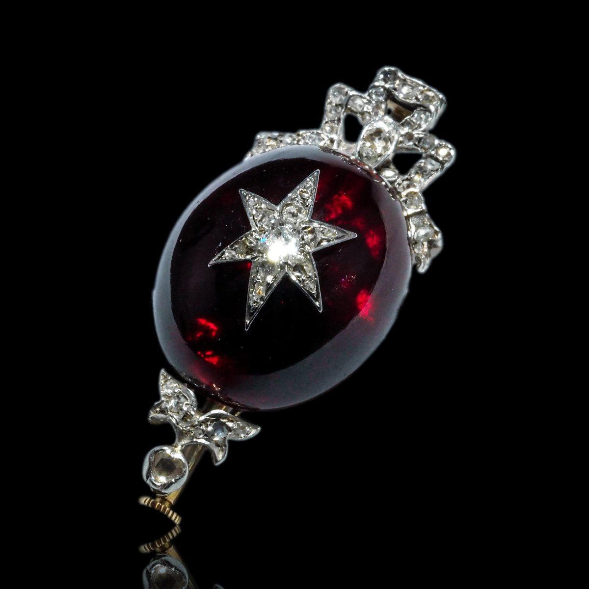 Antique Victorian Garnet & Diamond Star Cabochon Brooch/pendant 14k Gold C.1870-photo-4