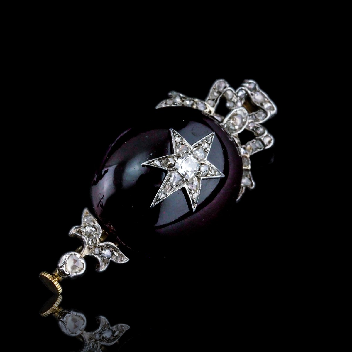 Antique Victorian Garnet & Diamond Star Cabochon Brooch/pendant 14k Gold C.1870-photo-1
