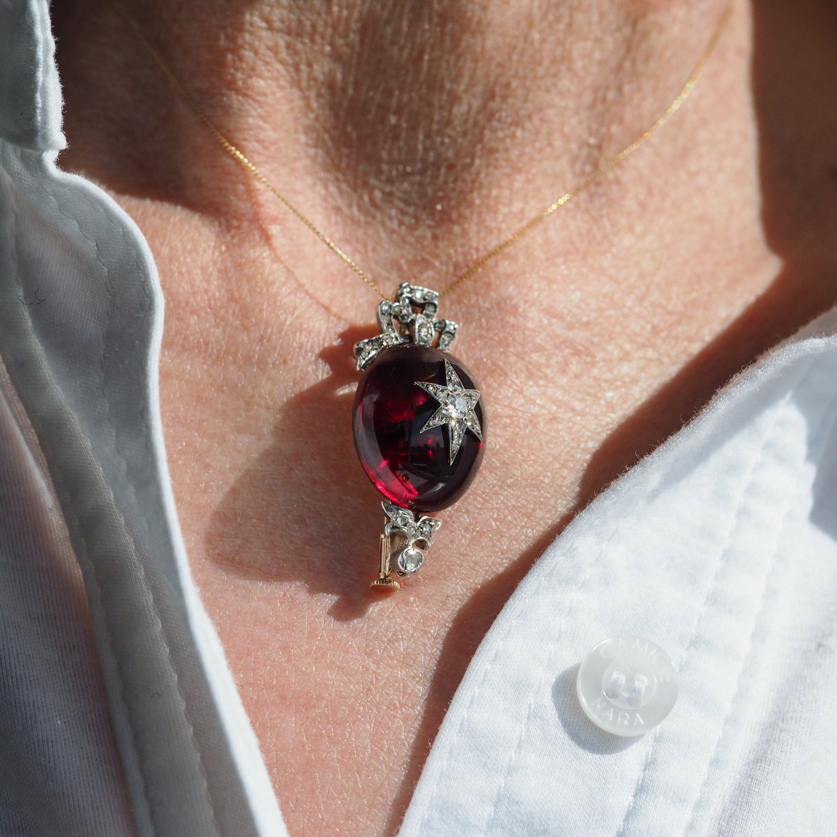 Antique Victorian Garnet & Diamond Star Cabochon Brooch/pendant 14k Gold C.1870-photo-2