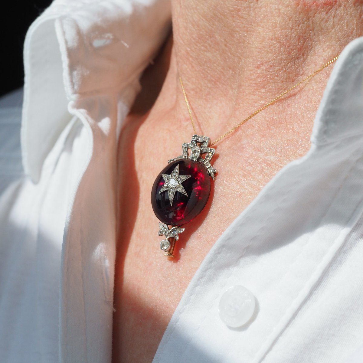 Antique Victorian Garnet & Diamond Star Cabochon Brooch/pendant 14k Gold C.1870-photo-3