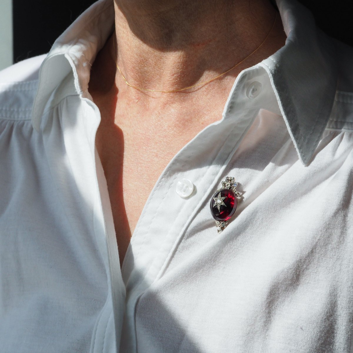 Antique Victorian Garnet & Diamond Star Cabochon Brooch/pendant 14k Gold C.1870-photo-6