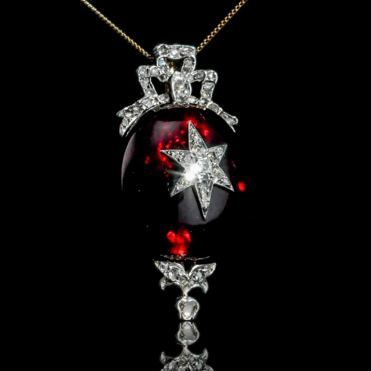 Antique Victorian Garnet & Diamond Star Cabochon Brooch/pendant 14k Gold C.1870
