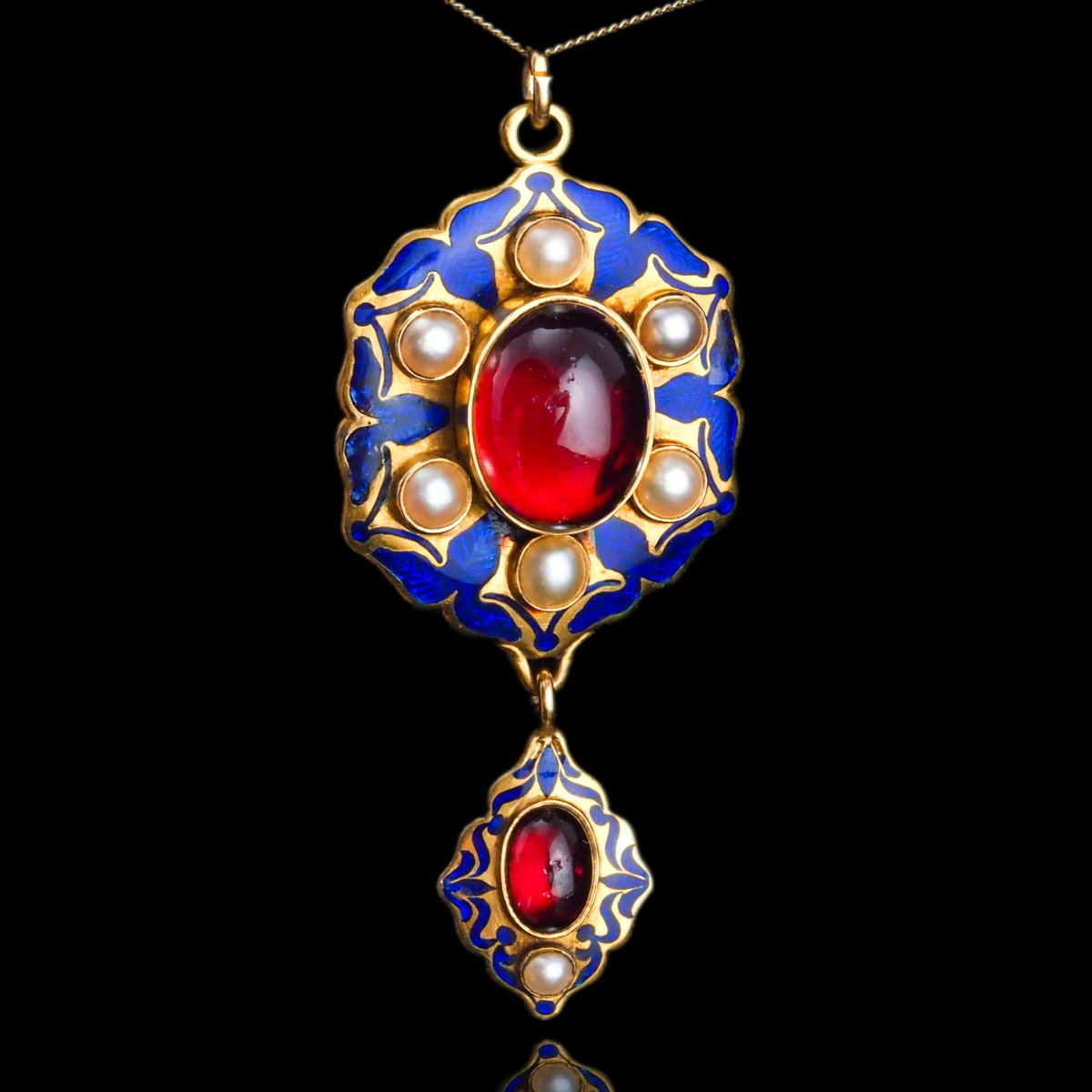 Antique Victorian Holbeinesque Pendant Necklace Garnets Pearls 18k Gold - C.1857-photo-4