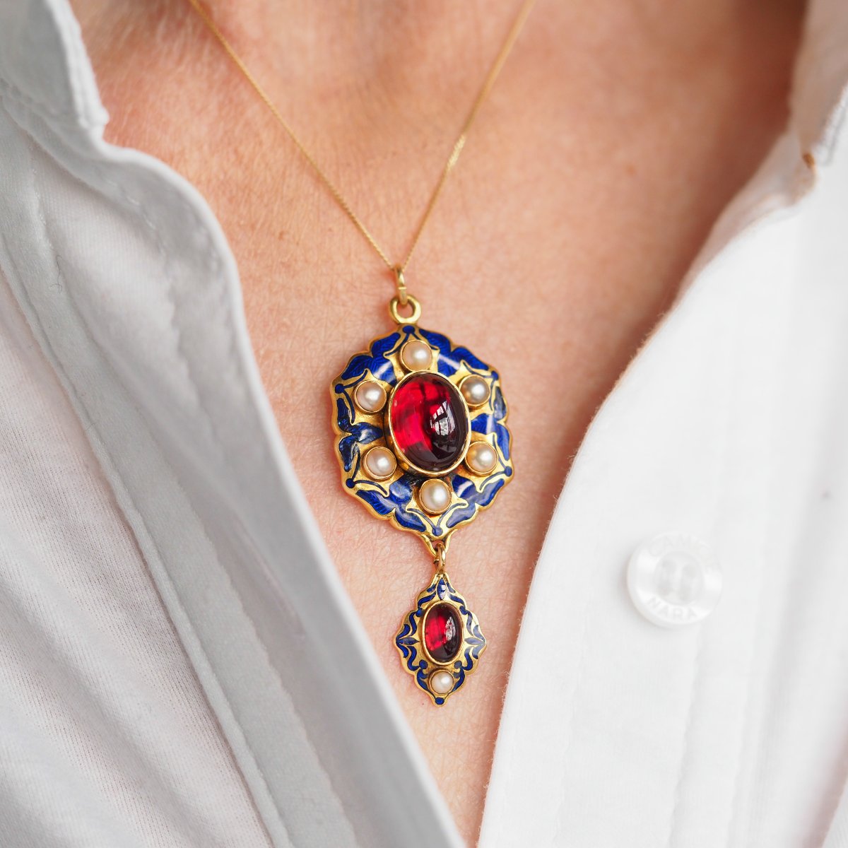 Antique Victorian Holbeinesque Pendant Necklace Garnets Pearls 18k Gold - C.1857-photo-4