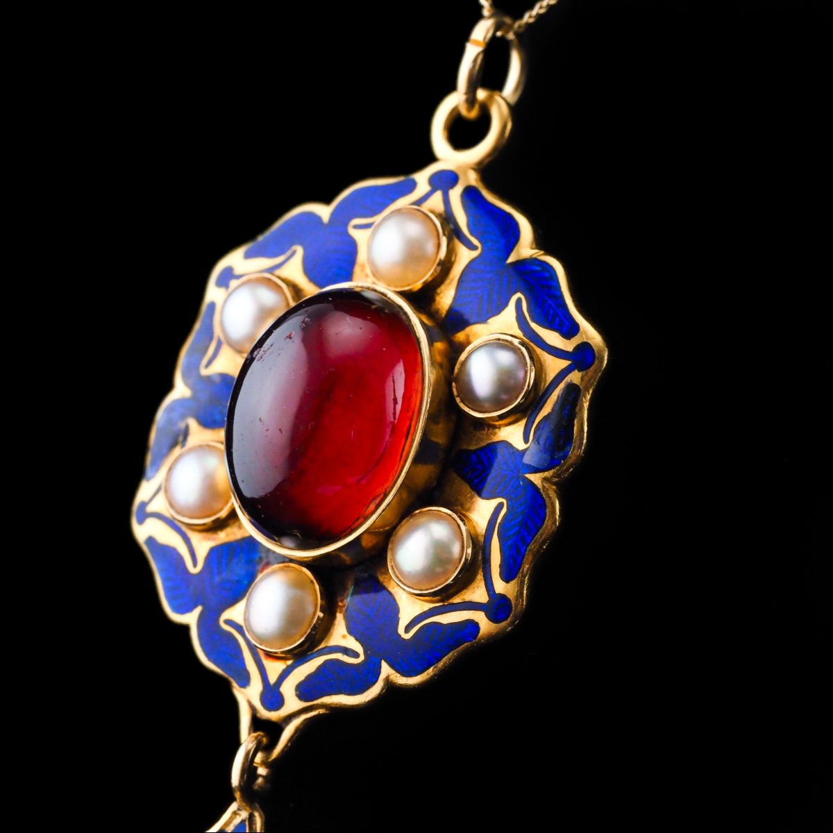 Antique Victorian Holbeinesque Pendant Necklace Garnets Pearls 18k Gold - C.1857-photo-6