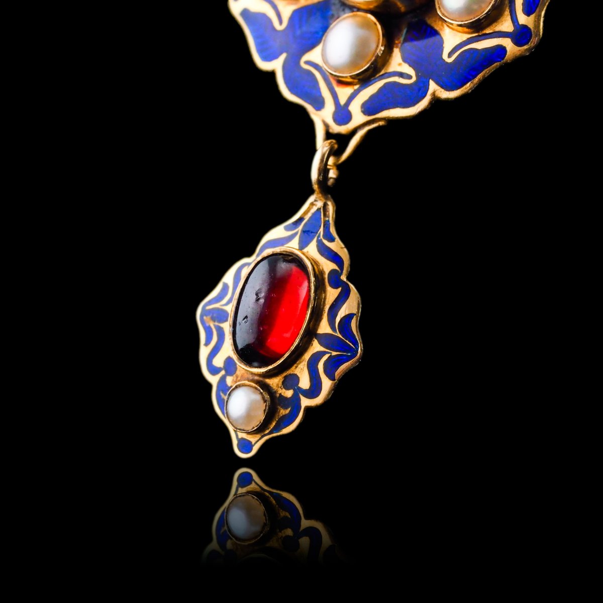 Antique Victorian Holbeinesque Pendant Necklace Garnets Pearls 18k Gold - C.1857-photo-7