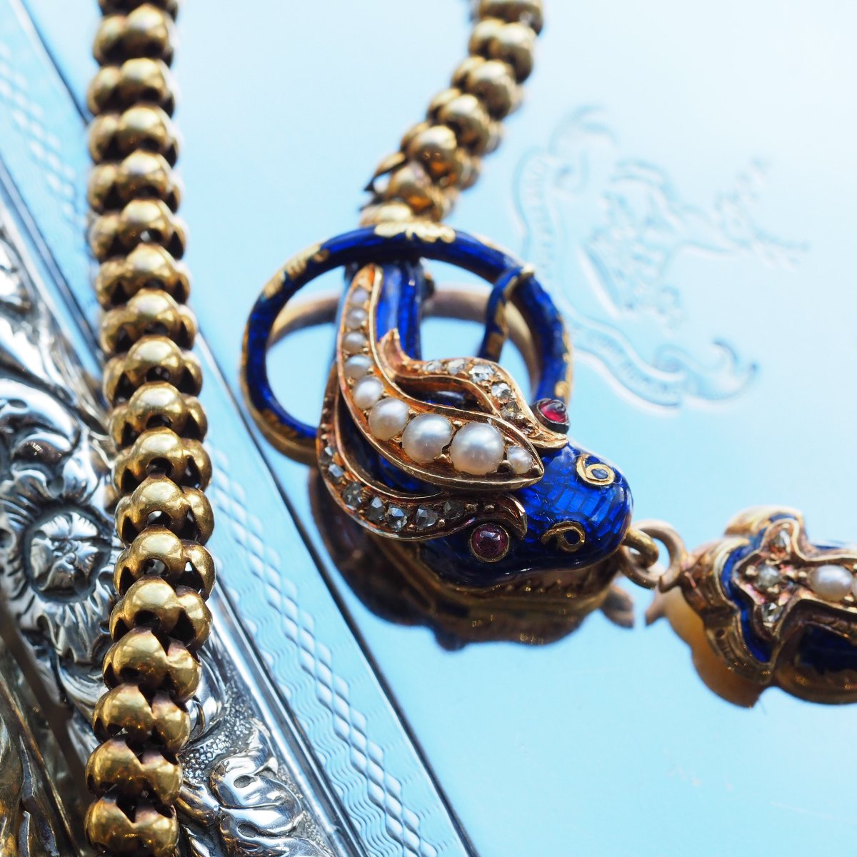 Collier ancien victorien serpent en or 18 carats, diamant et émail, vers 1860-photo-4