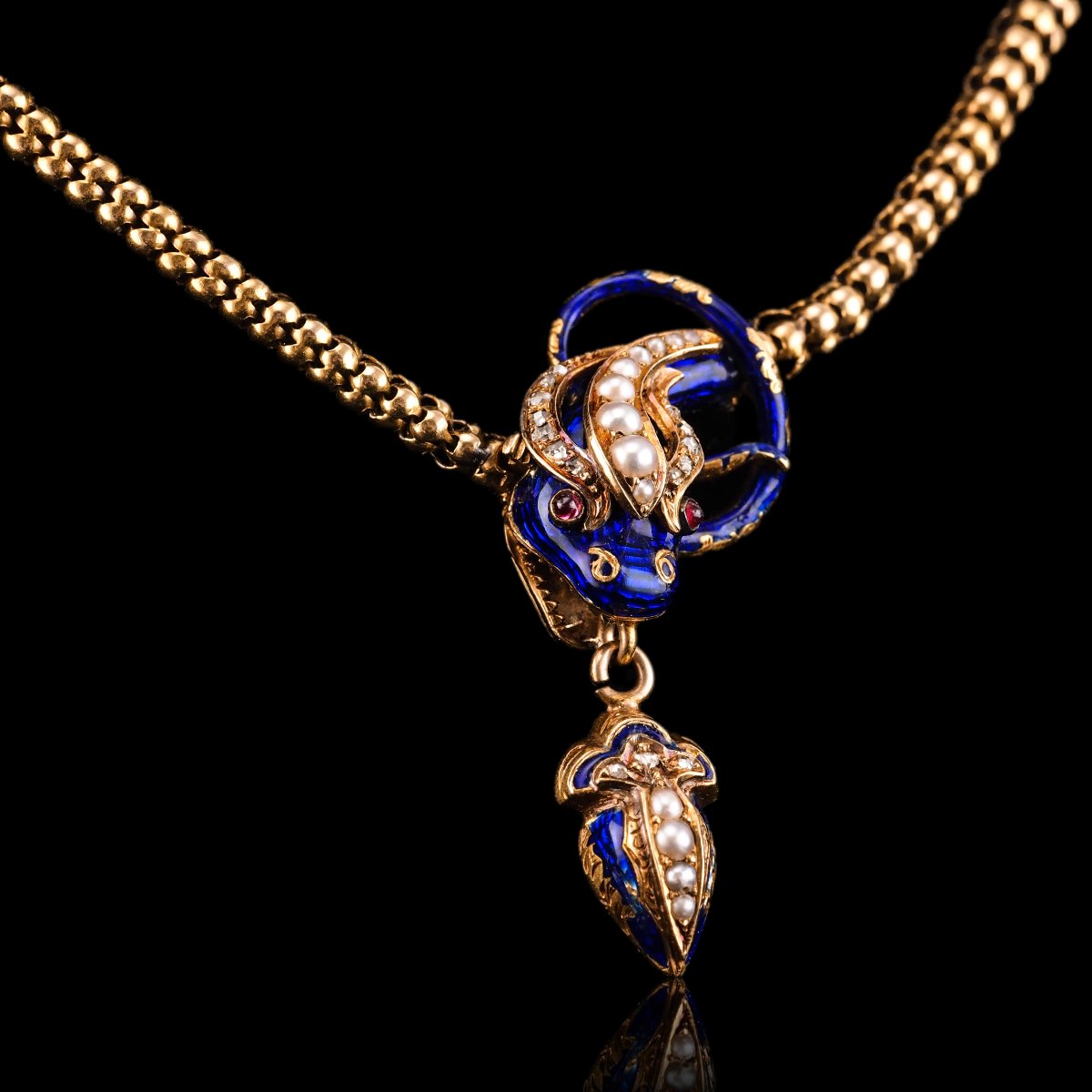 Collier ancien victorien serpent en or 18 carats, diamant et émail, vers 1860-photo-5