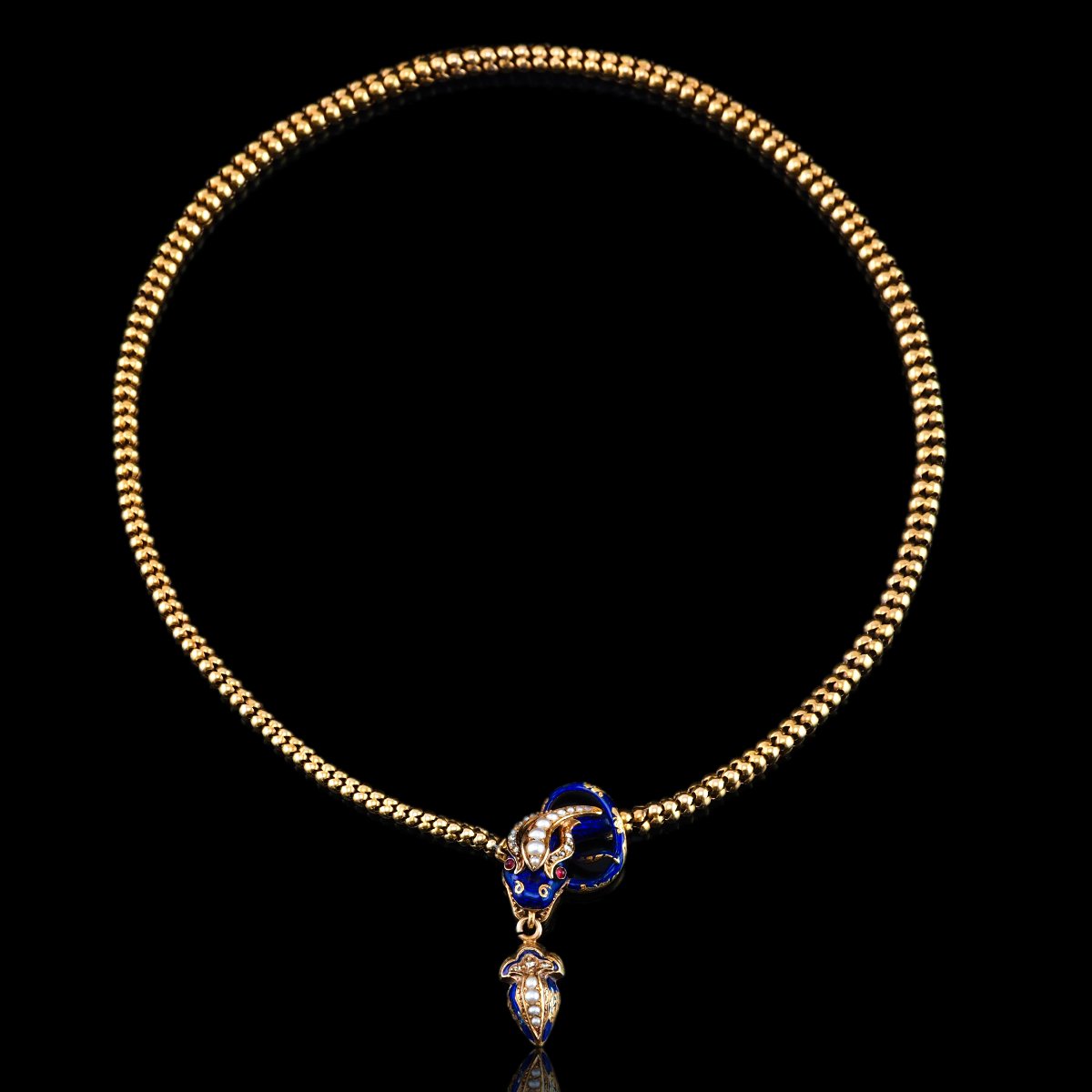 Collier ancien victorien serpent en or 18 carats, diamant et émail, vers 1860