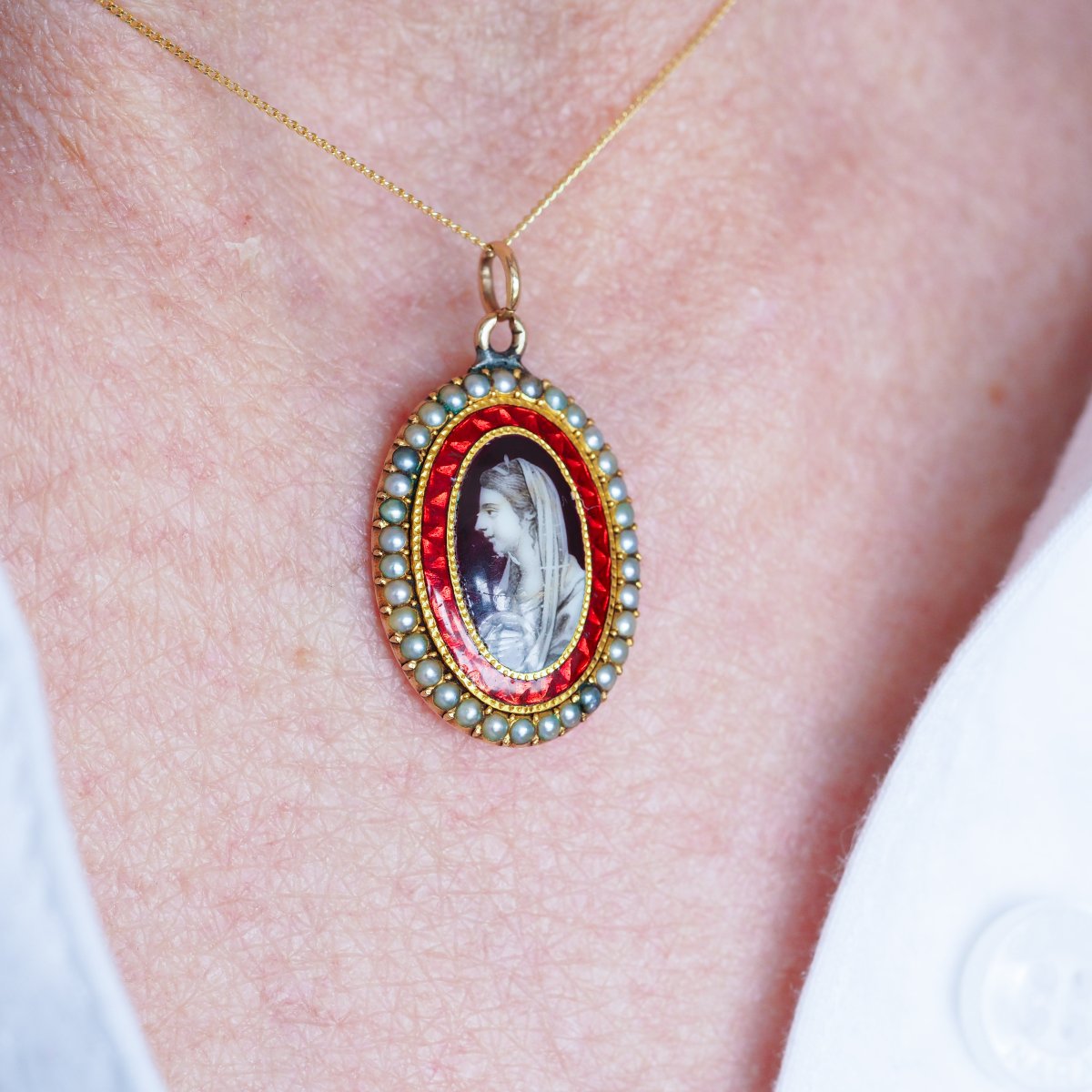 Collier pendentif ancien géorgien à miniature sépia, en or 9K, vers 1800-photo-1