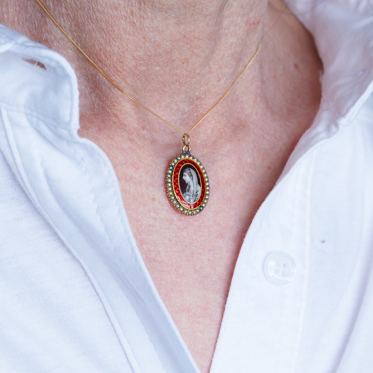Collier pendentif ancien géorgien à miniature sépia, en or 9K, vers 1800-photo-2
