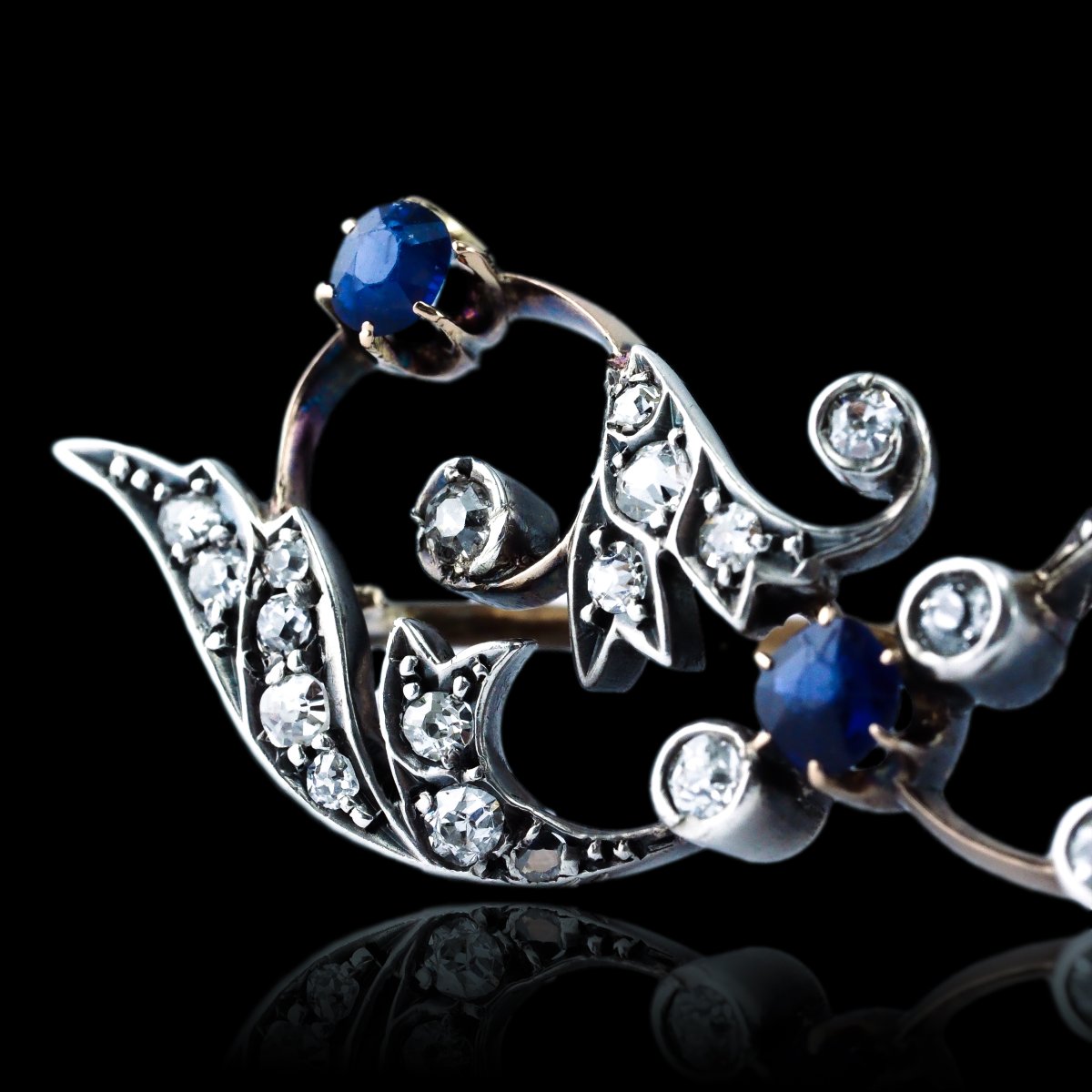 Broche victorienne ancienne à saphirs et diamants, motif feuillagé, or 9 ct, vers 1880-photo-3