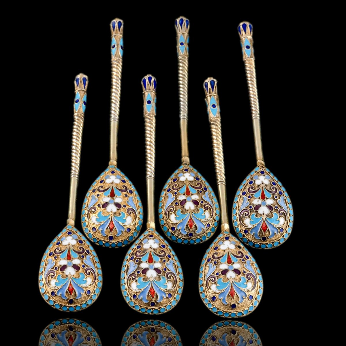 6 cuillères anciennes russes en argent et émail cloisonné – Dmitri Nikolaïevitch vers 1900