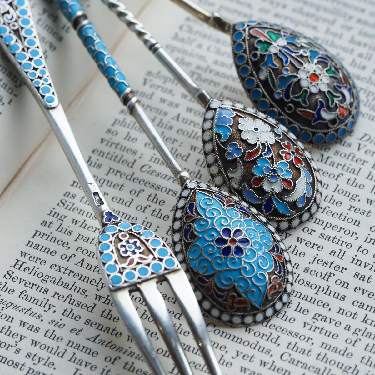 Antique Russian Silver Enamel Cloisonne Spoons And Fork Set C.1890-photo-2