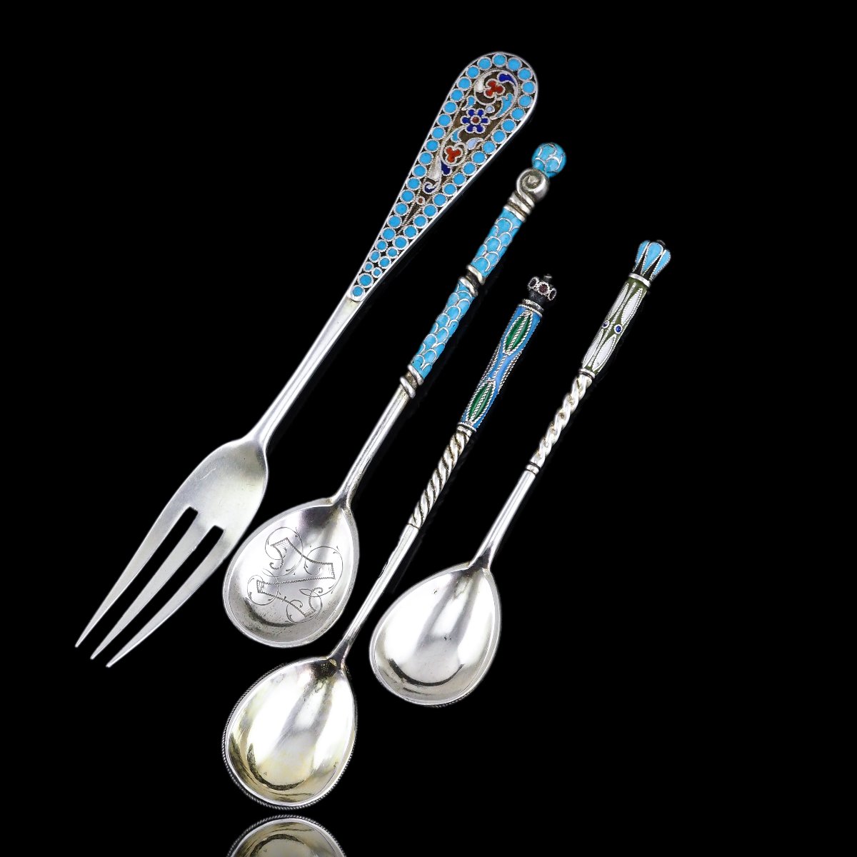 Antique Russian Silver Enamel Cloisonne Spoons And Fork Set C.1890-photo-3