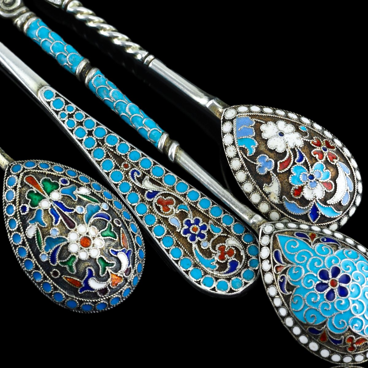 Antique Russian Silver Enamel Cloisonne Spoons And Fork Set C.1890-photo-4