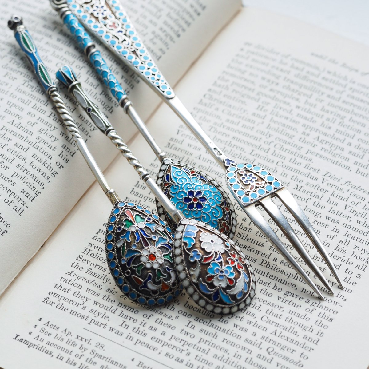Antique Russian Silver Enamel Cloisonne Spoons And Fork Set C.1890-photo-1