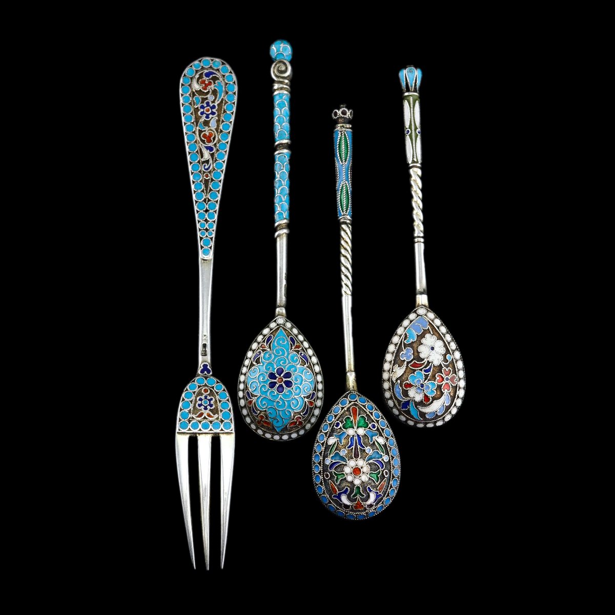 Antique Russian Silver Enamel Cloisonne Spoons And Fork Set C.1890-photo-2