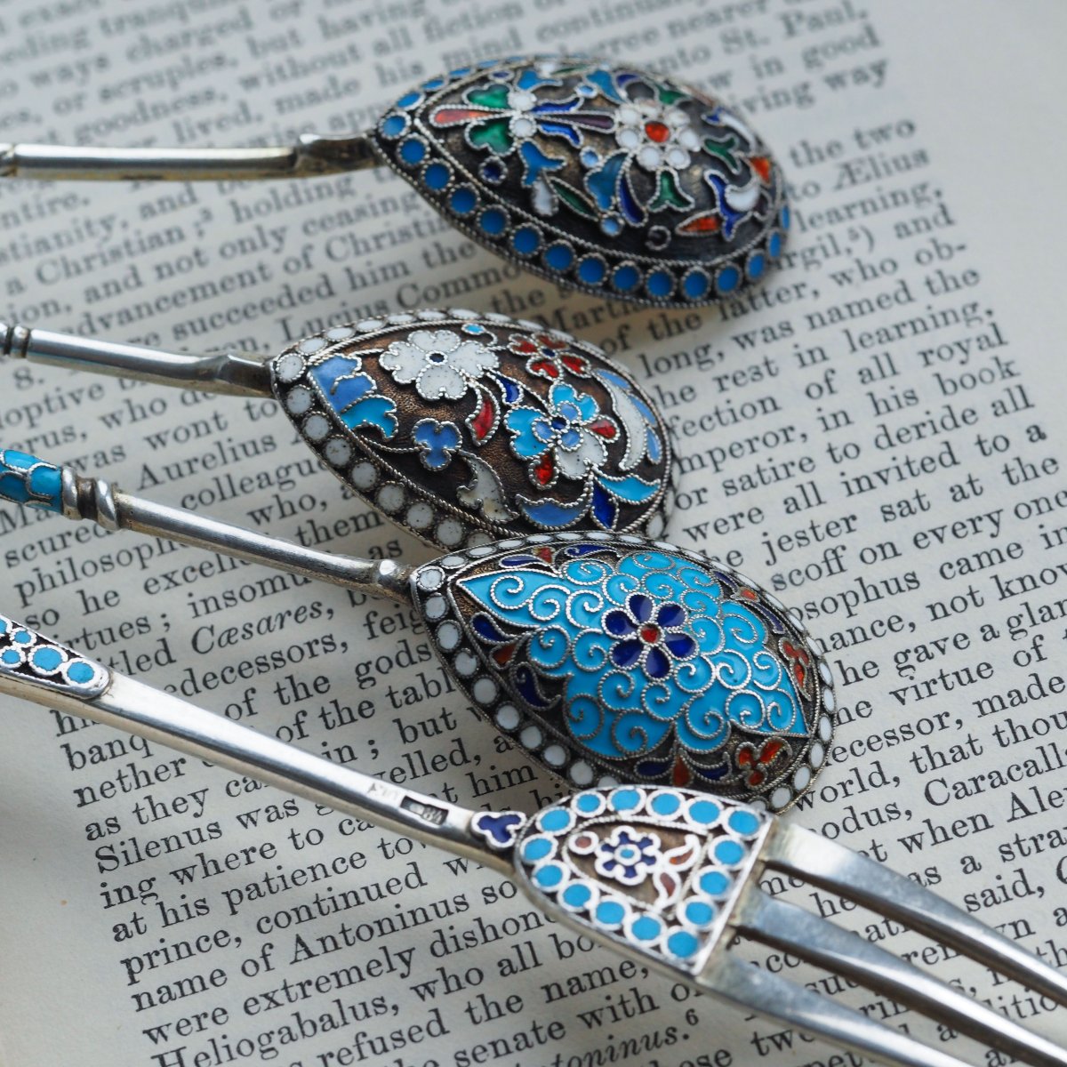 Antique Russian Silver Enamel Cloisonne Spoons And Fork Set C.1890-photo-4