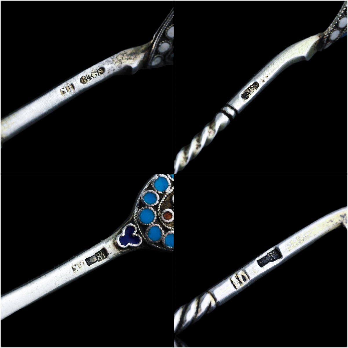 Antique Russian Silver Enamel Cloisonne Spoons And Fork Set C.1890-photo-5