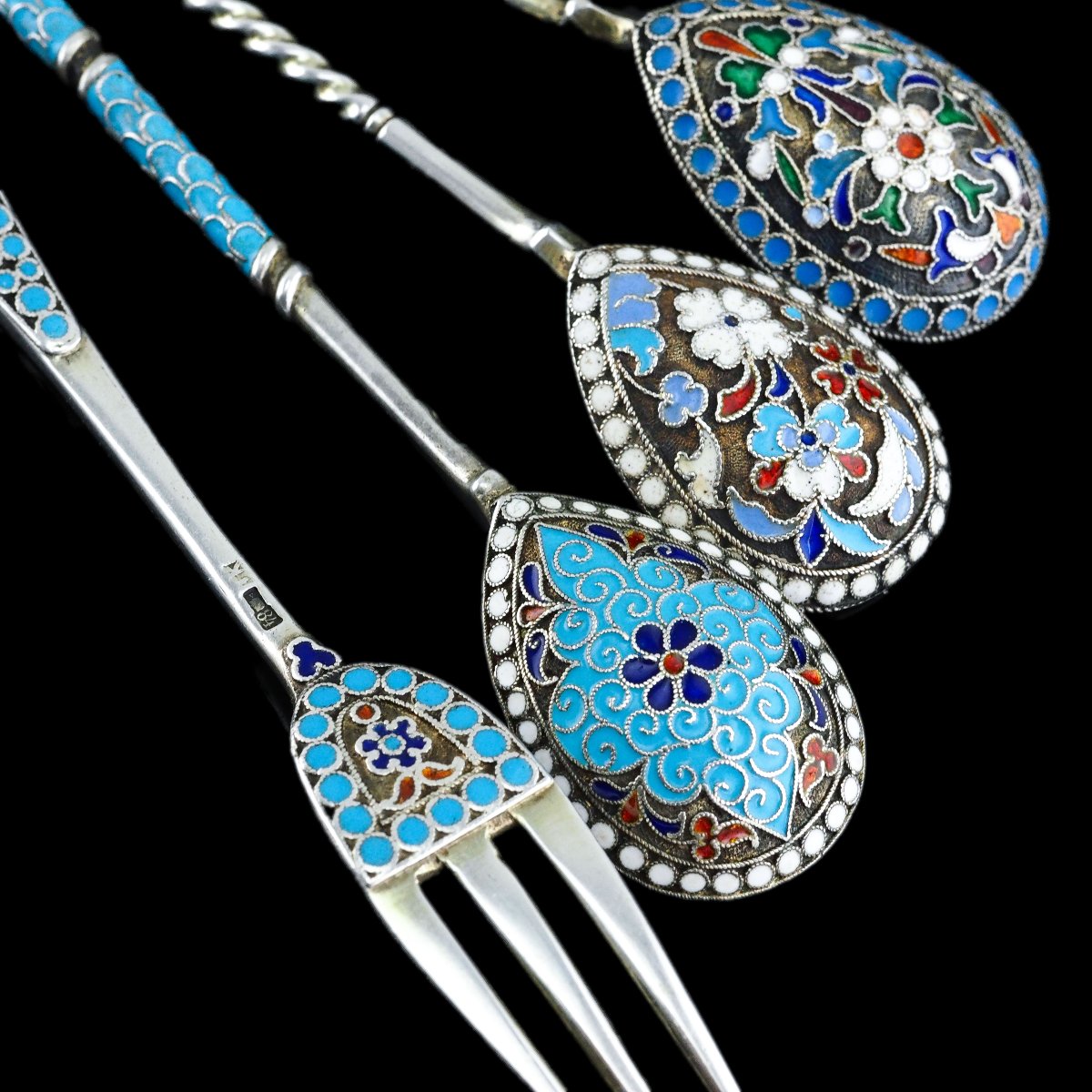 Antique Russian Silver Enamel Cloisonne Spoons And Fork Set C.1890-photo-6