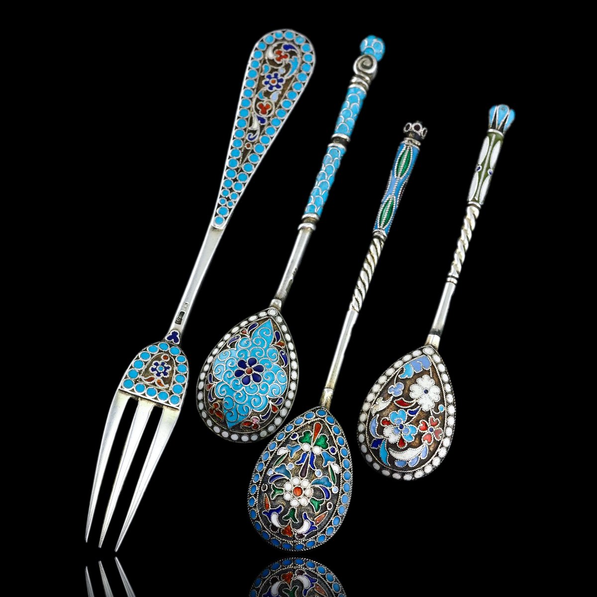 Antique Russian Silver Enamel Cloisonne Spoons And Fork Set C.1890-photo-8