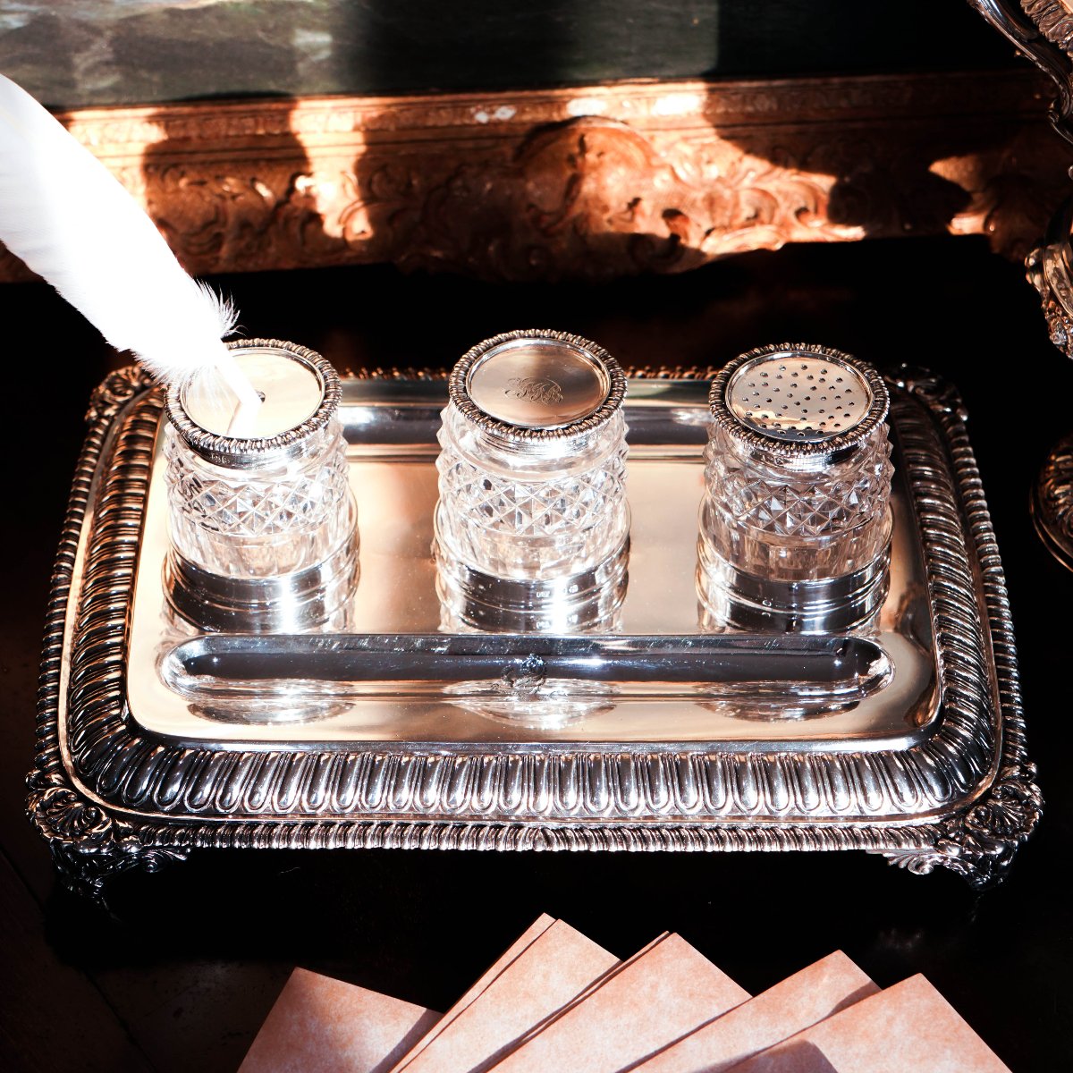 A Magnificent Large (1kg+) Antique Georgian Solid Silver Inkstand Regency Design - London 1813-photo-3