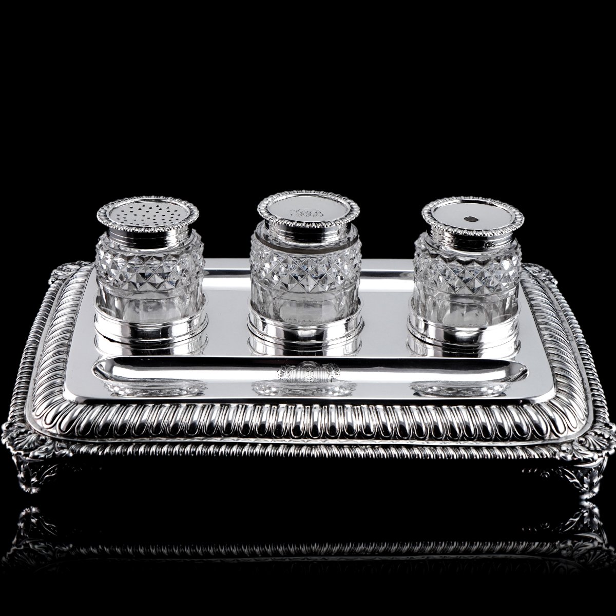 A Magnificent Large (1kg+) Antique Georgian Solid Silver Inkstand Regency Design - London 1813-photo-4
