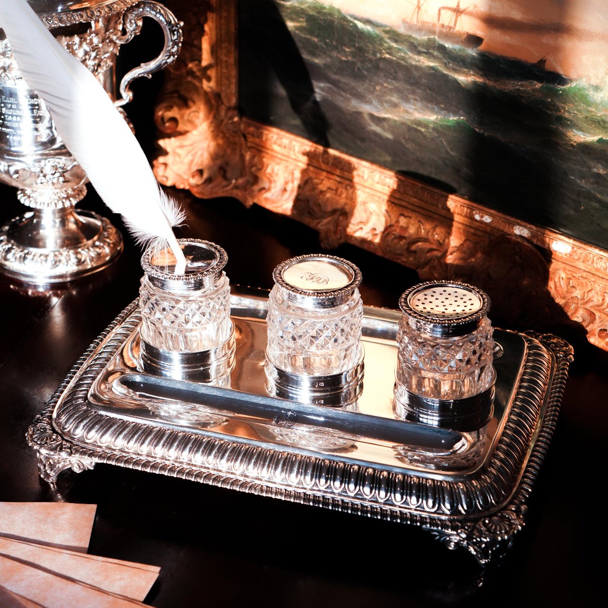 A Magnificent Large (1kg+) Antique Georgian Solid Silver Inkstand Regency Design - London 1813-photo-7
