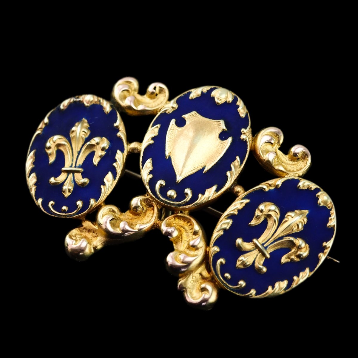Broche ancienne en or 18 carats à émail bleu fleur-de-lys – XIXᵉ siècle-photo-1