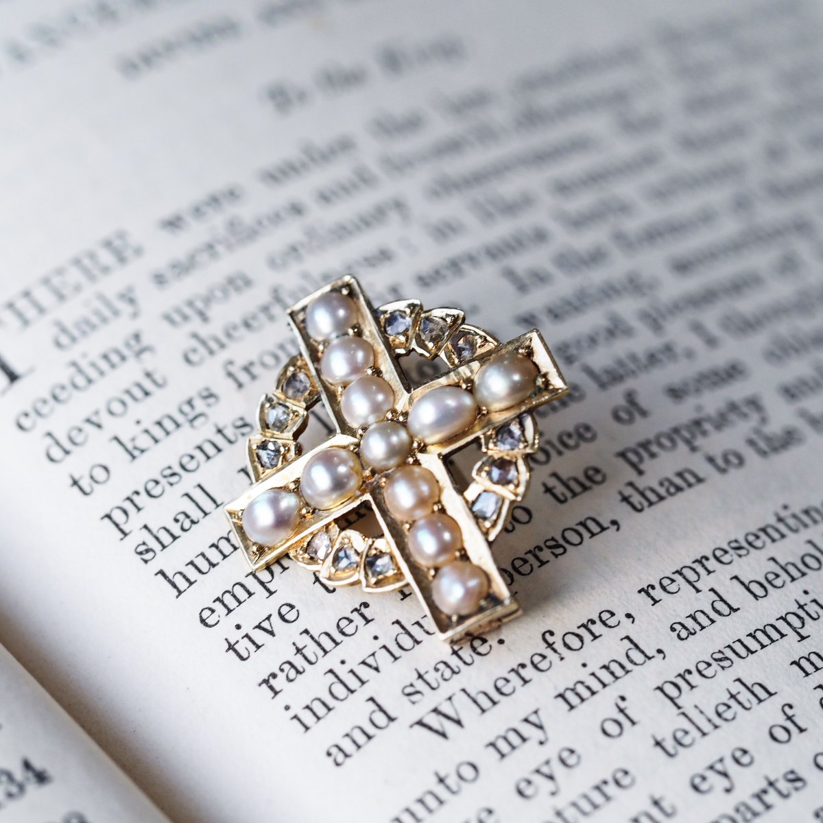 Antique Diamond And Pearl Cross Brooch/pendant 15k Gold C.1880-photo-2