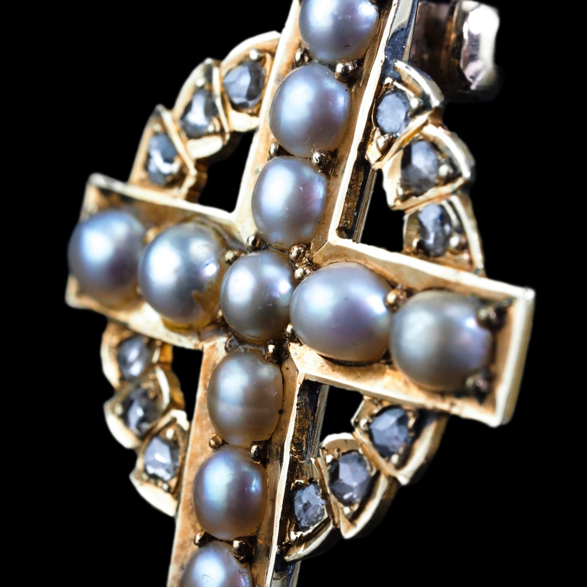 Antique Diamond And Pearl Cross Brooch/pendant 15k Gold C.1880-photo-3