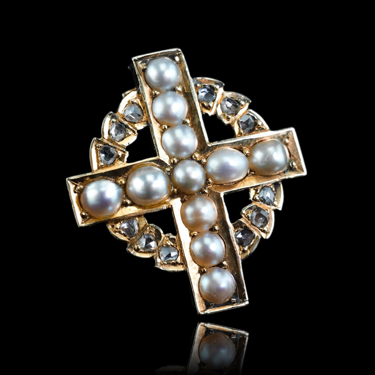 Antique Diamond And Pearl Cross Brooch/pendant 15k Gold C.1880-photo-4