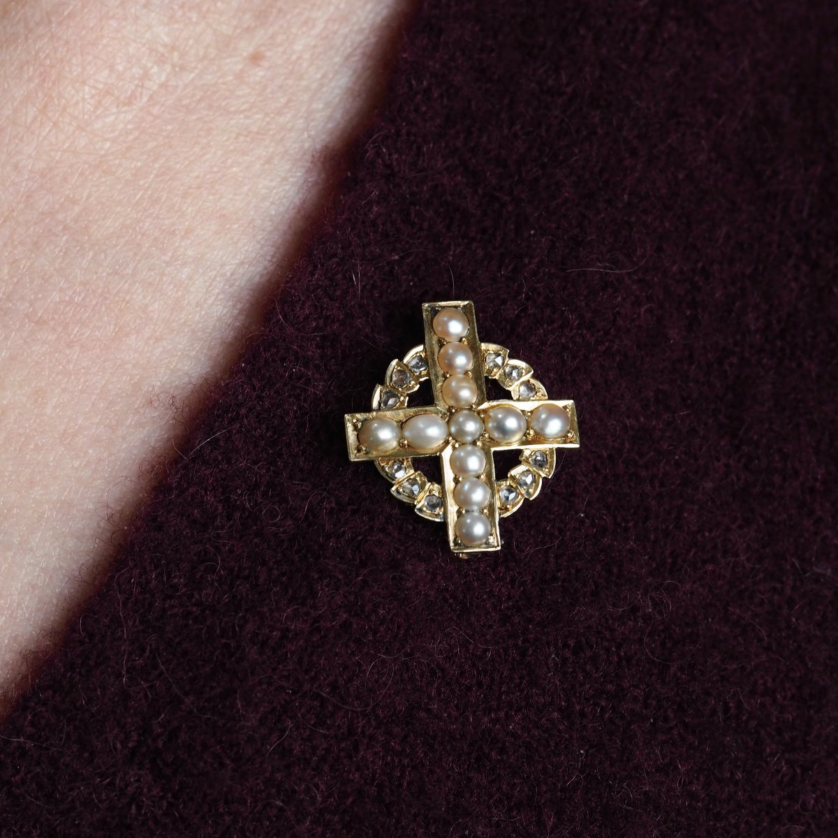 Antique Diamond And Pearl Cross Brooch/pendant 15k Gold C.1880-photo-1