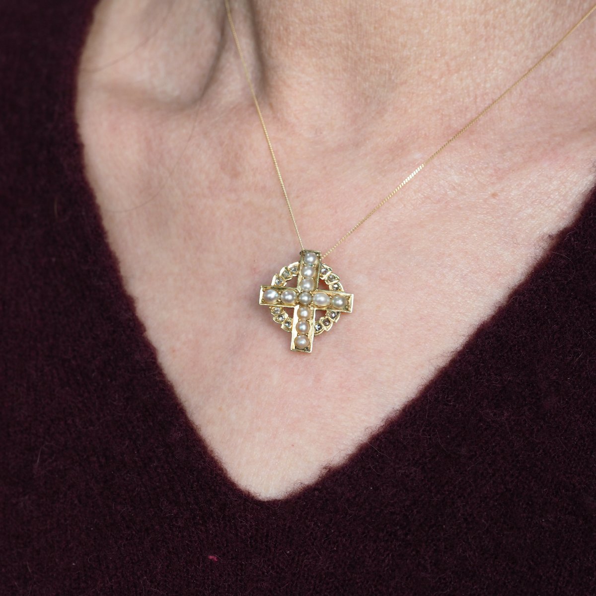 Antique Diamond And Pearl Cross Brooch/pendant 15k Gold C.1880-photo-2